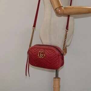 GUCCI GG Marmont Chain Shoulder Bag Leather Red Gold 447632 Auth ep9033